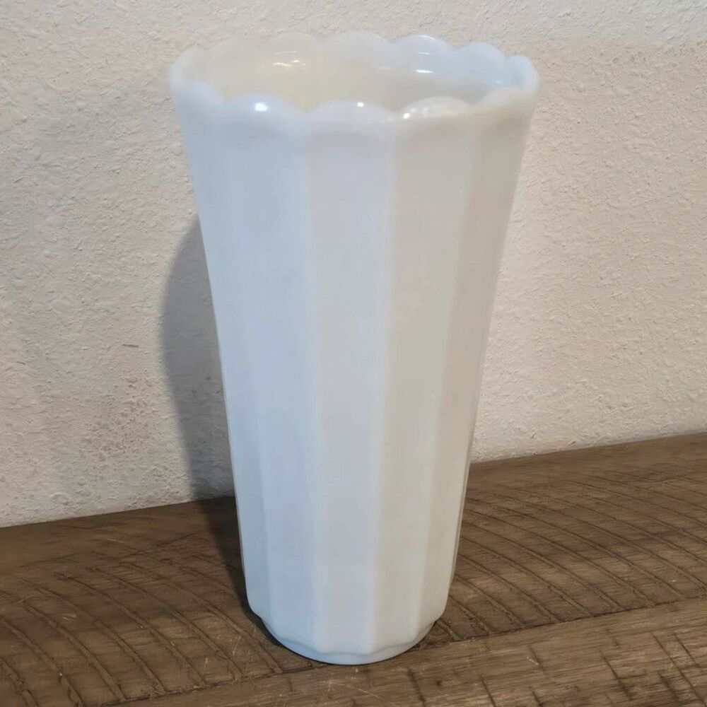 White milk glass vase 8.5 inch scalloped rim paneled flower vase